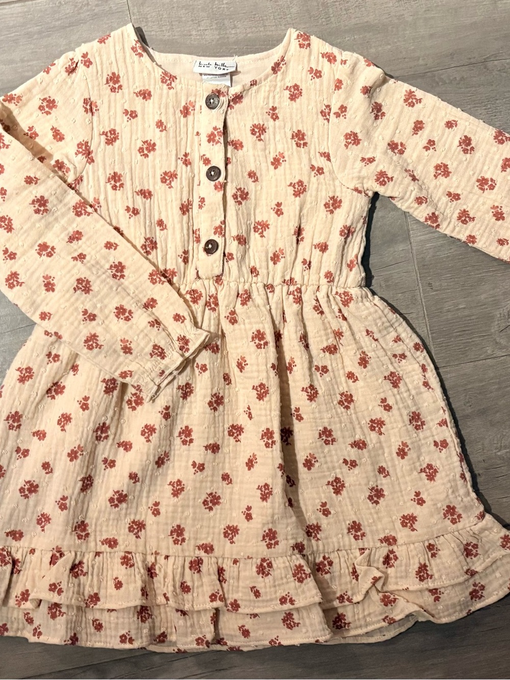 Girls' Cream Floral Long-Sleeve Button Front Dress